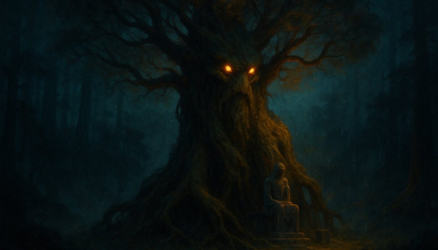 Key-art cinématographique d'un gardien arboré géant dans une forêt sombre éclairée d'une lumière dorée, illustrant le succès L'arbre qui cache la forêt de Dofus