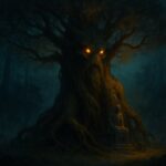Key-art cinématographique d'un gardien arboré géant dans une forêt sombre éclairée d'une lumière dorée, illustrant le succès L'arbre qui cache la forêt de Dofus