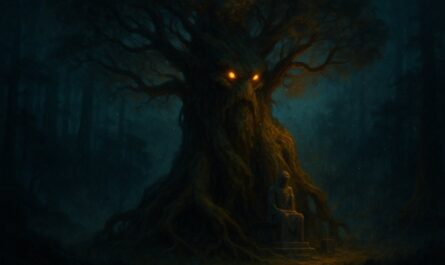Key-art cinématographique d'un gardien arboré géant dans une forêt sombre éclairée d'une lumière dorée, illustrant le succès L'arbre qui cache la forêt de Dofus