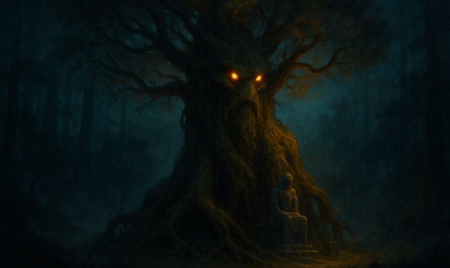 Key-art cinématographique d'un gardien arboré géant dans une forêt sombre éclairée d'une lumière dorée, illustrant le succès L'arbre qui cache la forêt de Dofus