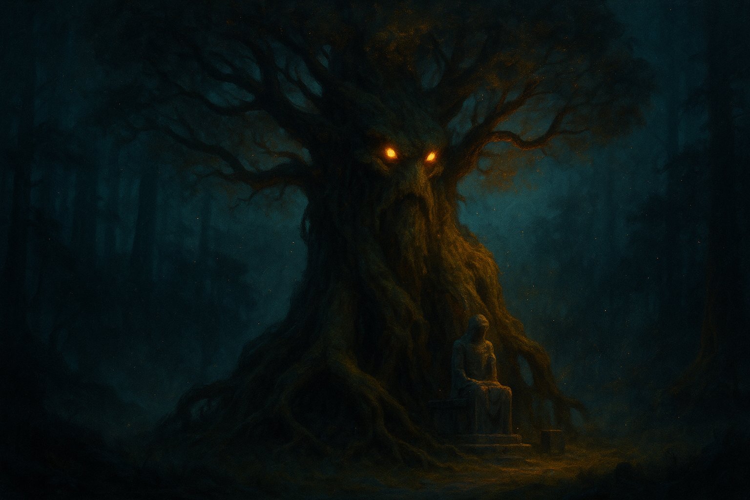 Key-art cinématographique d'un gardien arboré géant dans une forêt sombre éclairée d'une lumière dorée, illustrant le succès L'arbre qui cache la forêt de Dofus
