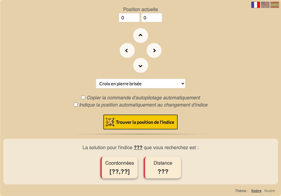 Capture de l outil de resolution de chasse de Dofus pour les Noobs : position, direction, liste deroulante des indices avec croix en pierre brisee selectionnee