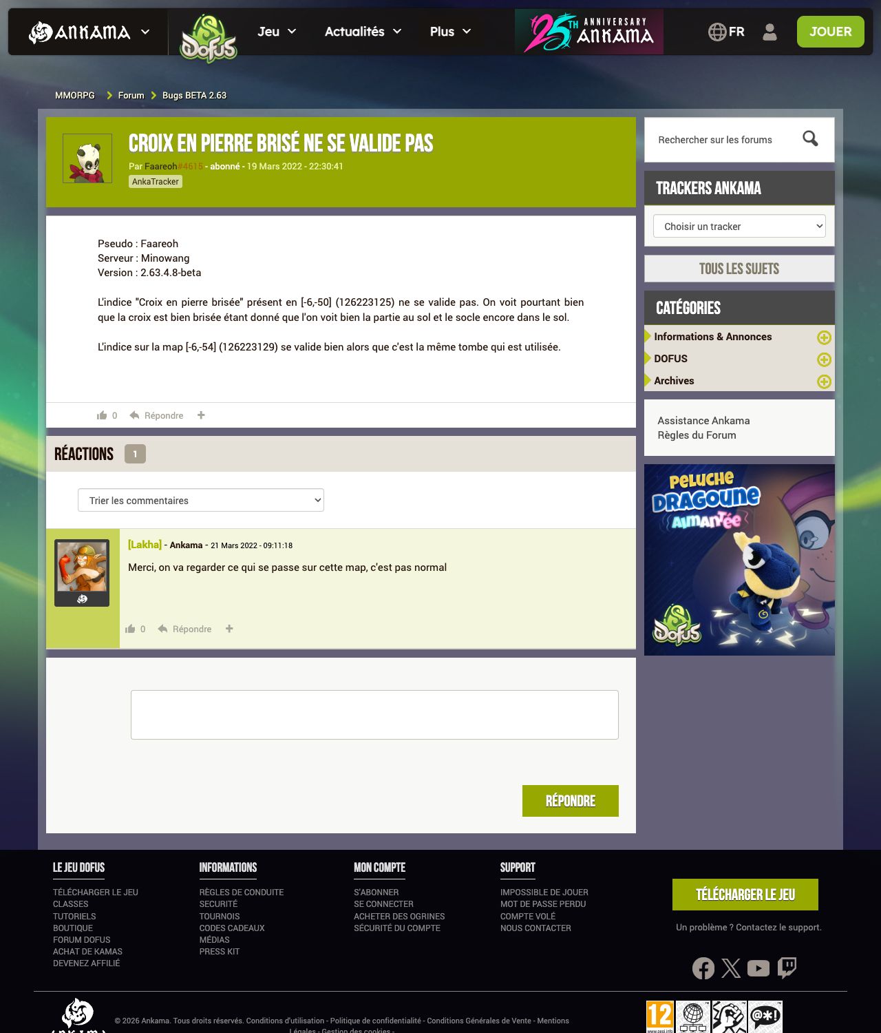 Capture du fil officiel dofus.com Bugs BETA 2.63 : signalement du 19 mars 2022 avec les cartes [-6,-50] et [-6,-54], reponse Ankama du 21 mars