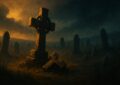 Croix de pierre tombale brisee dans un cimetiere sombre, illustration peinte