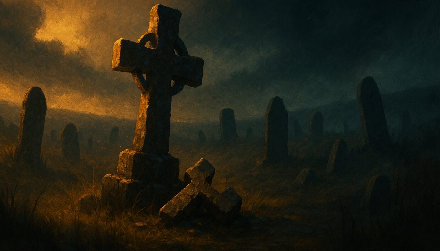 Croix de pierre tombale brisee dans un cimetiere sombre, illustration peinte