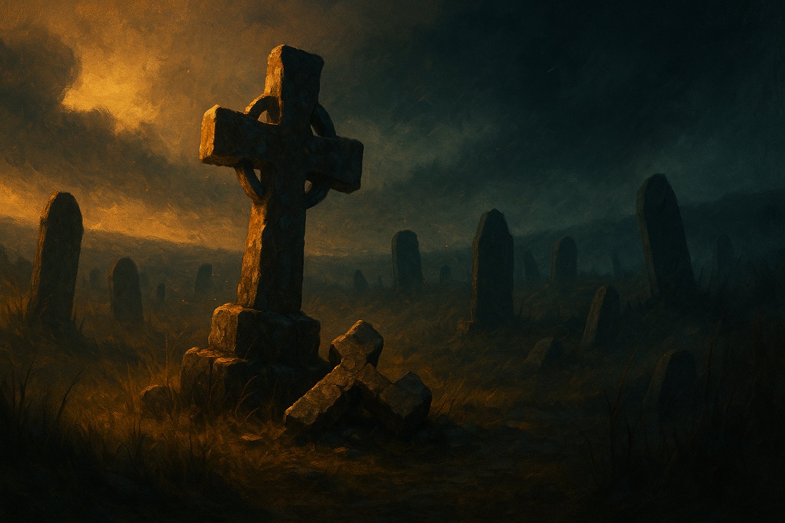 Croix de pierre tombale brisee dans un cimetiere sombre, illustration peinte