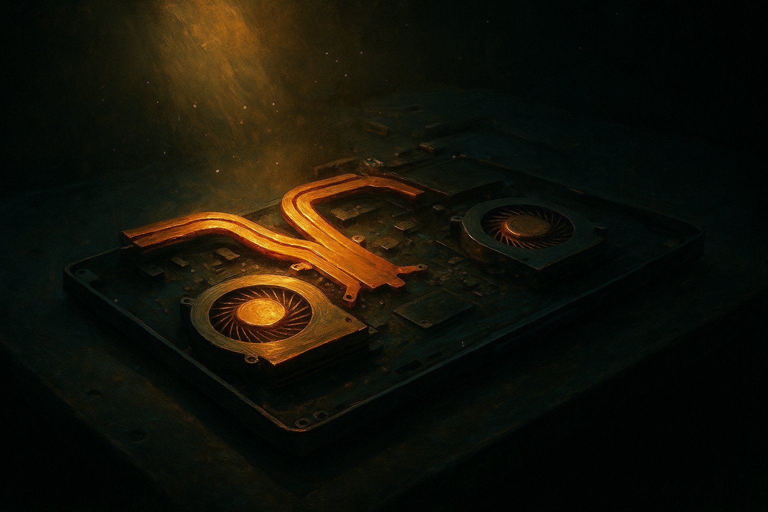 Illustration peinte des caloducs en cuivre et des ventilateurs d'un PC portable gamer, éclairés par une lumière dorée
