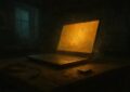 Illustration peinte d'un PC portable gamer ouvert dans un atelier sombre, écran diffusant une lumière dorée