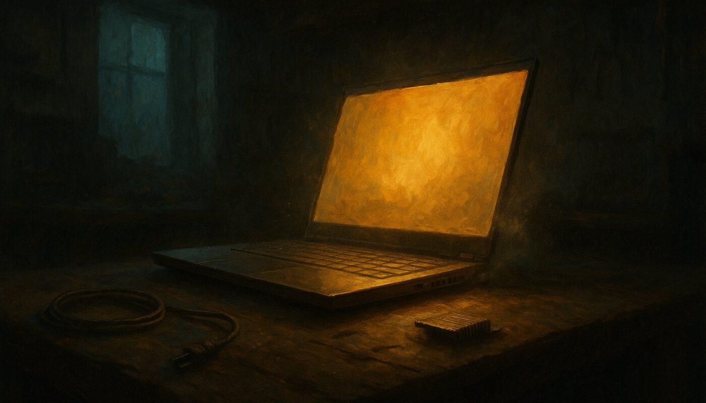 Illustration peinte d'un PC portable gamer ouvert dans un atelier sombre, écran diffusant une lumière dorée