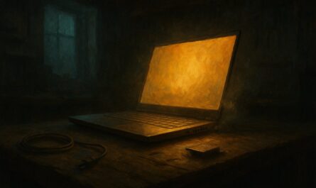 Illustration peinte d'un PC portable gamer ouvert dans un atelier sombre, écran diffusant une lumière dorée