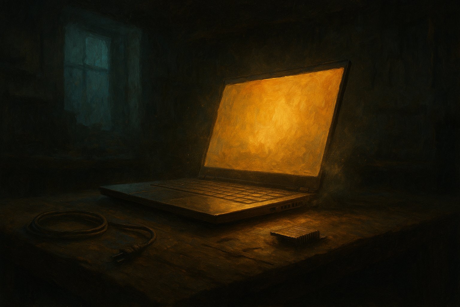 Illustration peinte d'un PC portable gamer ouvert dans un atelier sombre, écran diffusant une lumière dorée