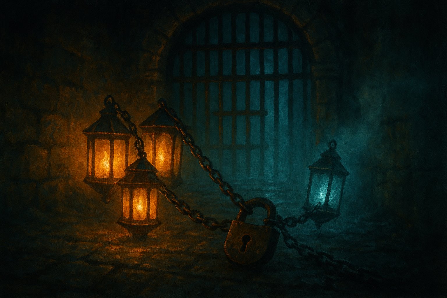 Quatre lanternes reliees par une chaine et un cadenas devant la herse d'un donjon, l'une d'elles tirant a l'ecart, illustration peinte
