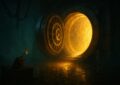 Porte de coffre-fort geante entrouverte diffusant une lumiere doree dans une salle du tresor, baton de dynamite allume au premier plan