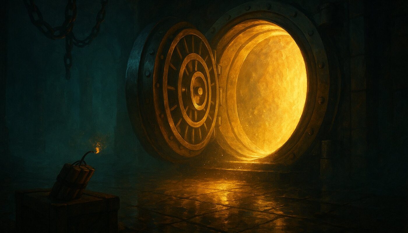 Porte de coffre-fort geante entrouverte diffusant une lumiere doree dans une salle du tresor, baton de dynamite allume au premier plan
