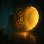 Porte de coffre-fort geante entrouverte diffusant une lumiere doree dans une salle du tresor, baton de dynamite allume au premier plan