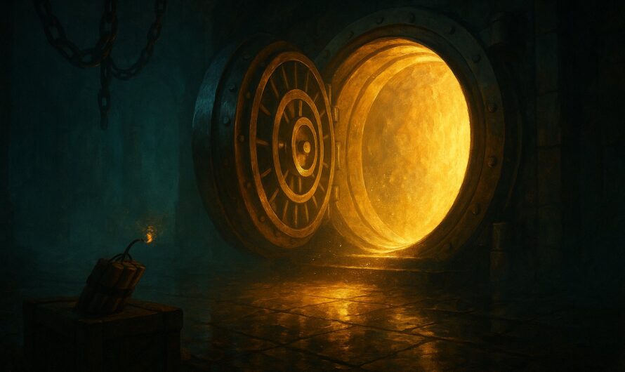 Porte de coffre-fort geante entrouverte diffusant une lumiere doree dans une salle du tresor, baton de dynamite allume au premier plan