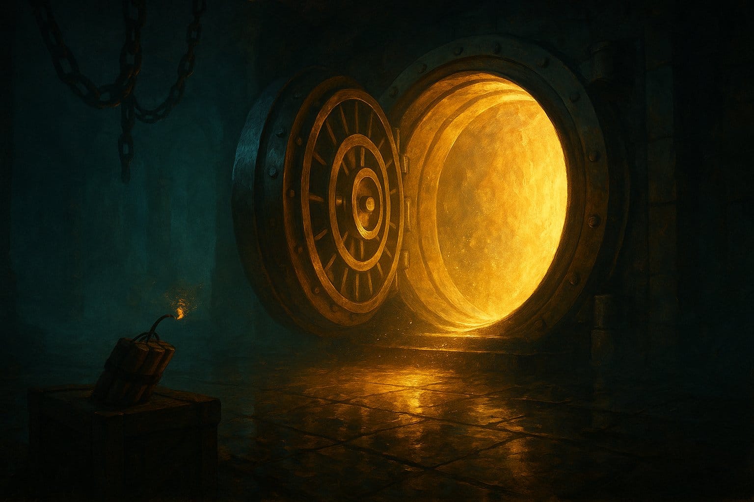 Porte de coffre-fort geante entrouverte diffusant une lumiere doree dans une salle du tresor, baton de dynamite allume au premier plan