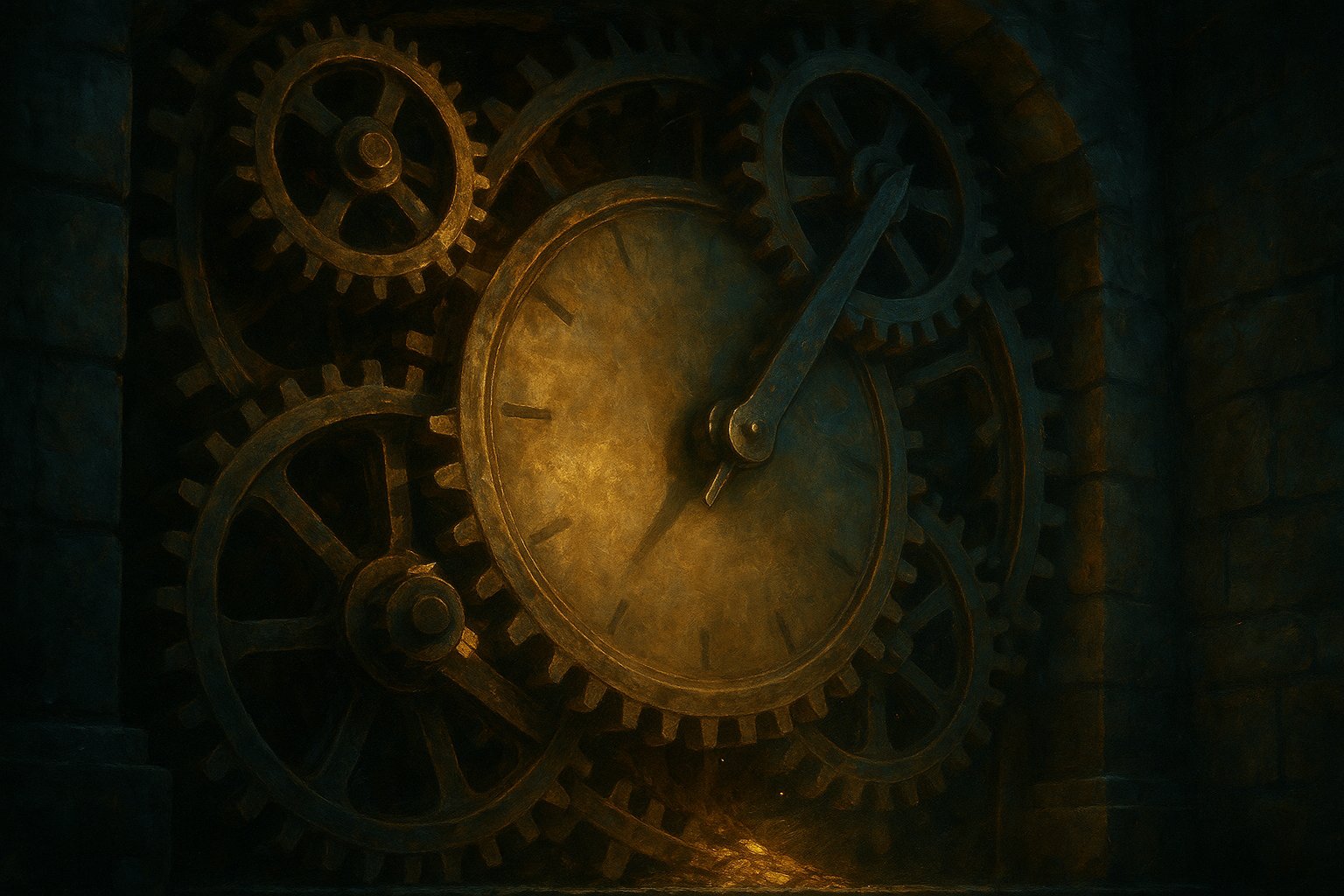Enorme mecanisme d'horloge en laiton encastre dans le mur d'une salle des coffres, illustration peinte aux tons dores et bleu-vert