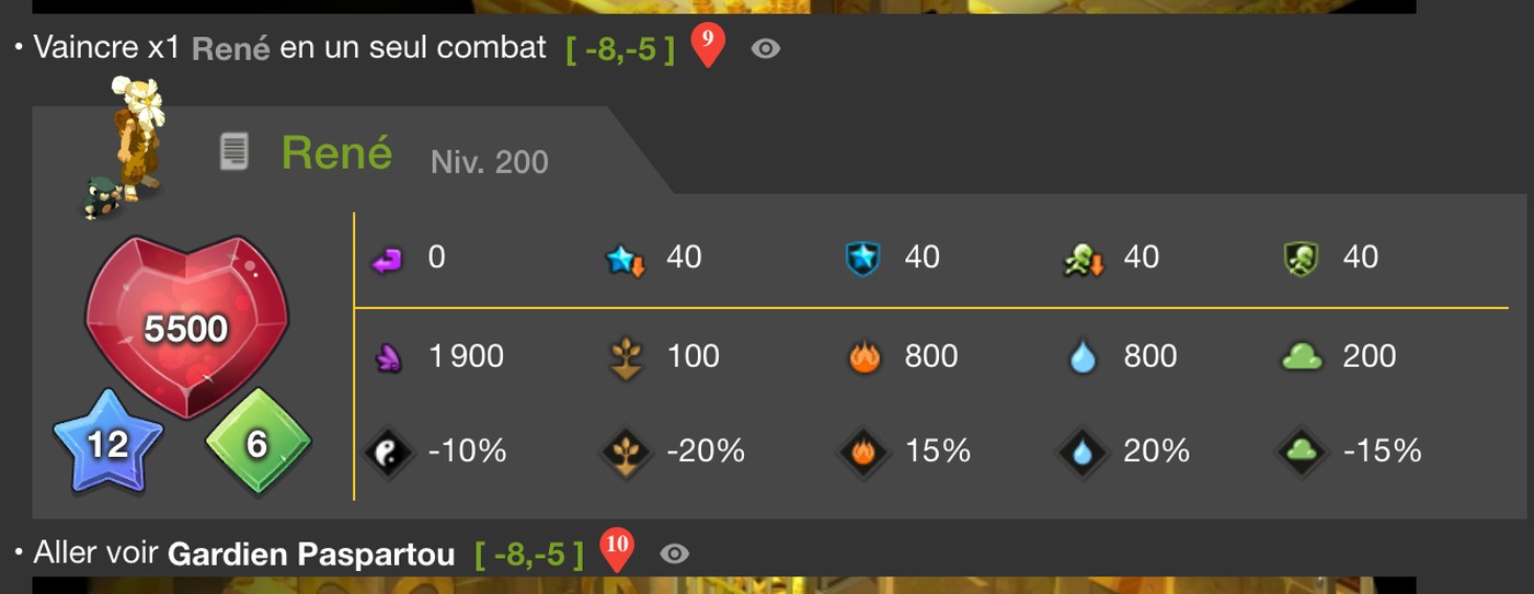 Fiche du monstre Rene sur DofusDB : niveau 200, 5500 points de vie, 12 PA, 6 PM et resistances elementaires