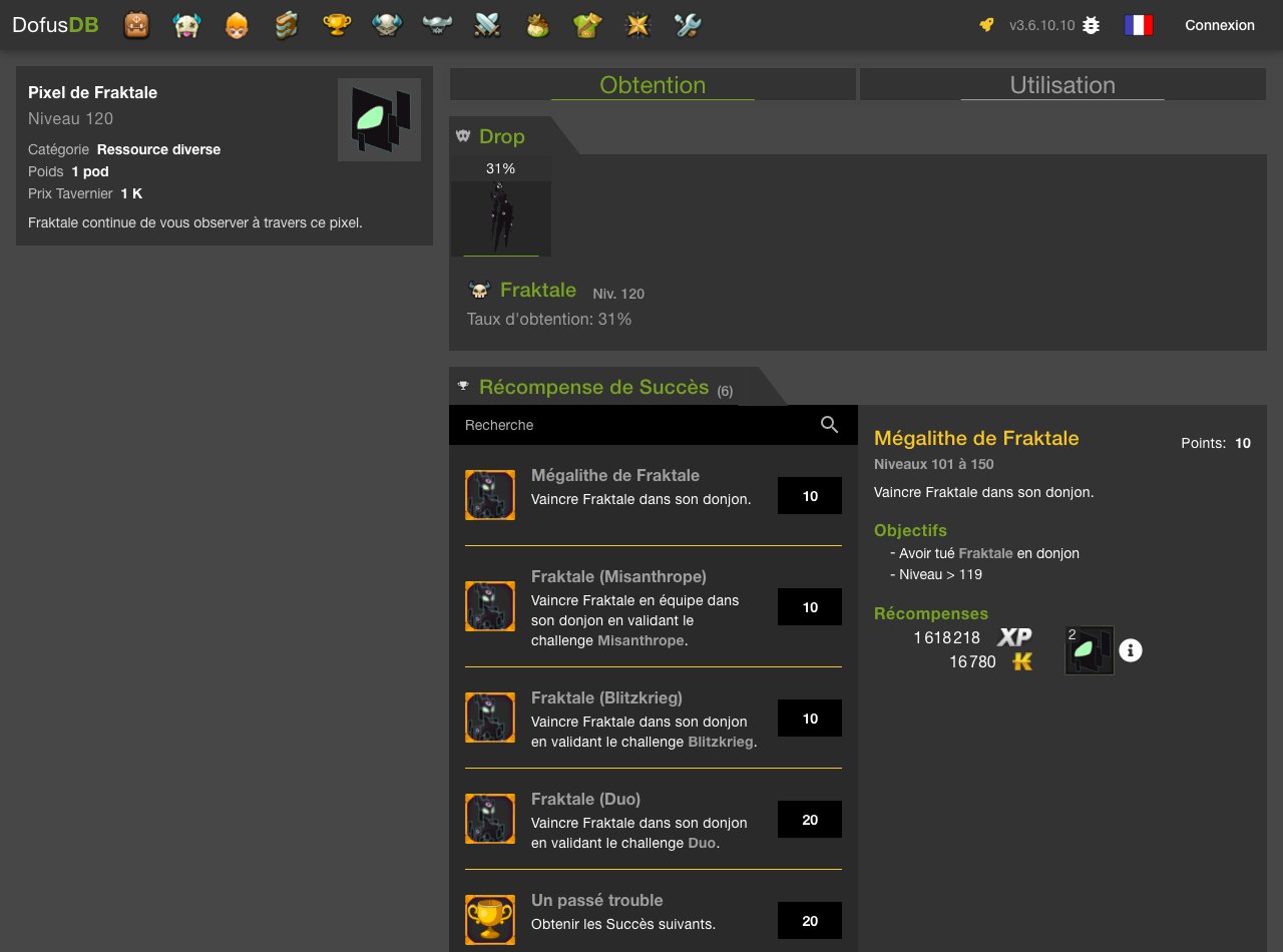 Capture d’écran de la fiche DofusDB du Pixel de Fraktale : drop à 31 % sur Fraktale