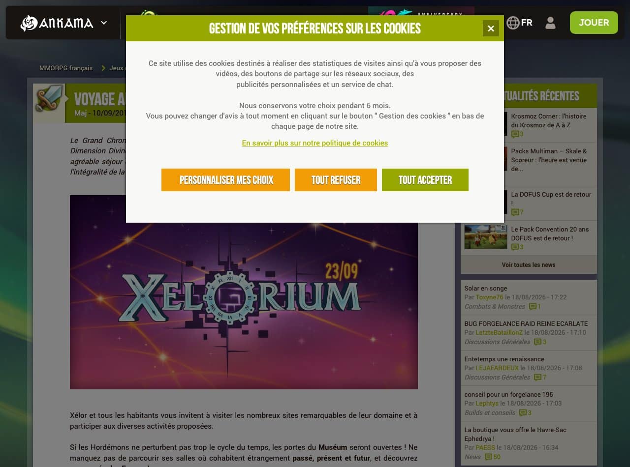 Capture d’écran de la news officielle Ankama Voyage au coeur du Xélorium, qui présente Fraktale comme la patronne des Xélomorphes