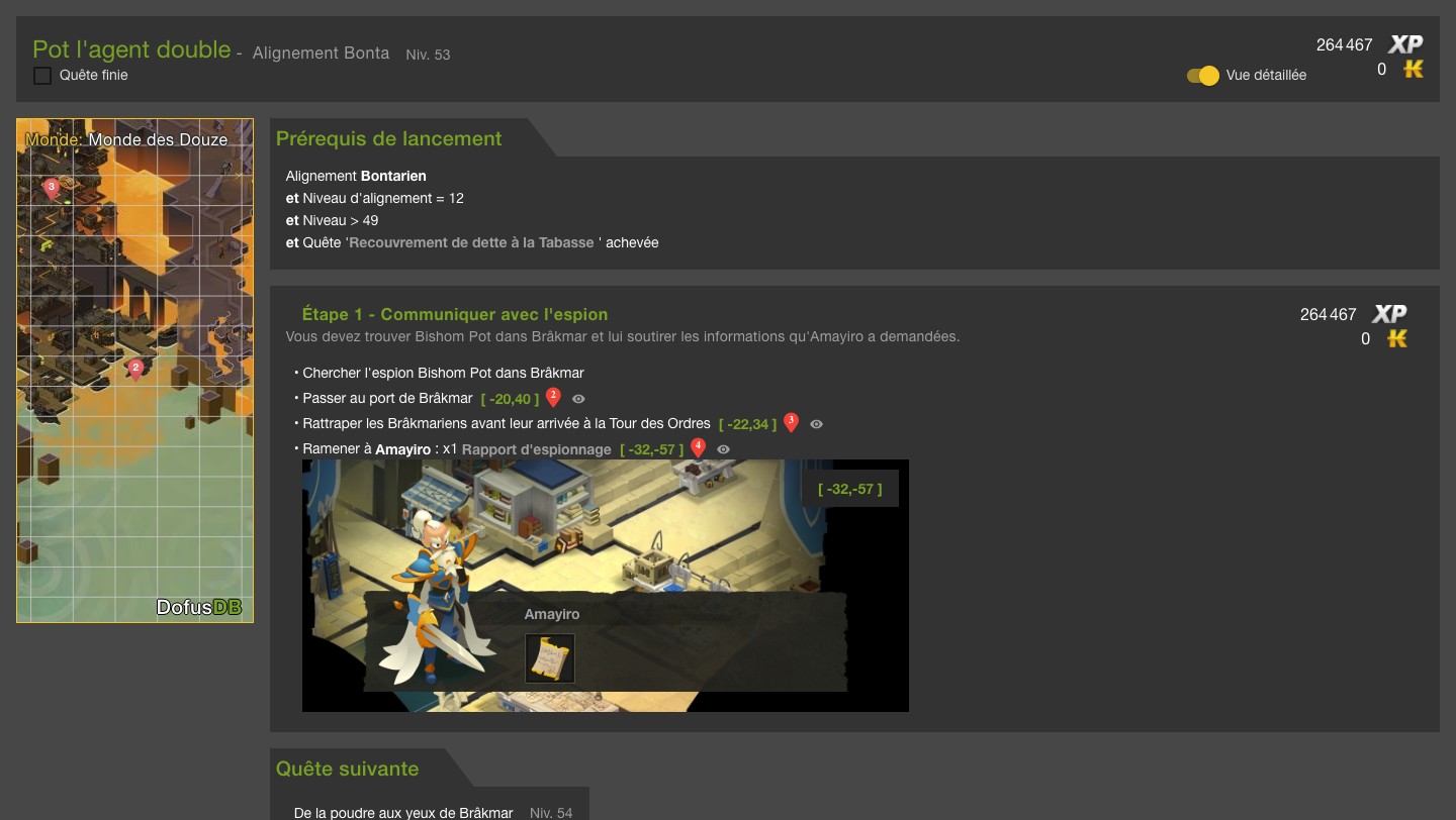 Capture de la fiche DofusDB de la quête Pot l’agent double : objectifs, prérequis et récompense de 264 467 XP
