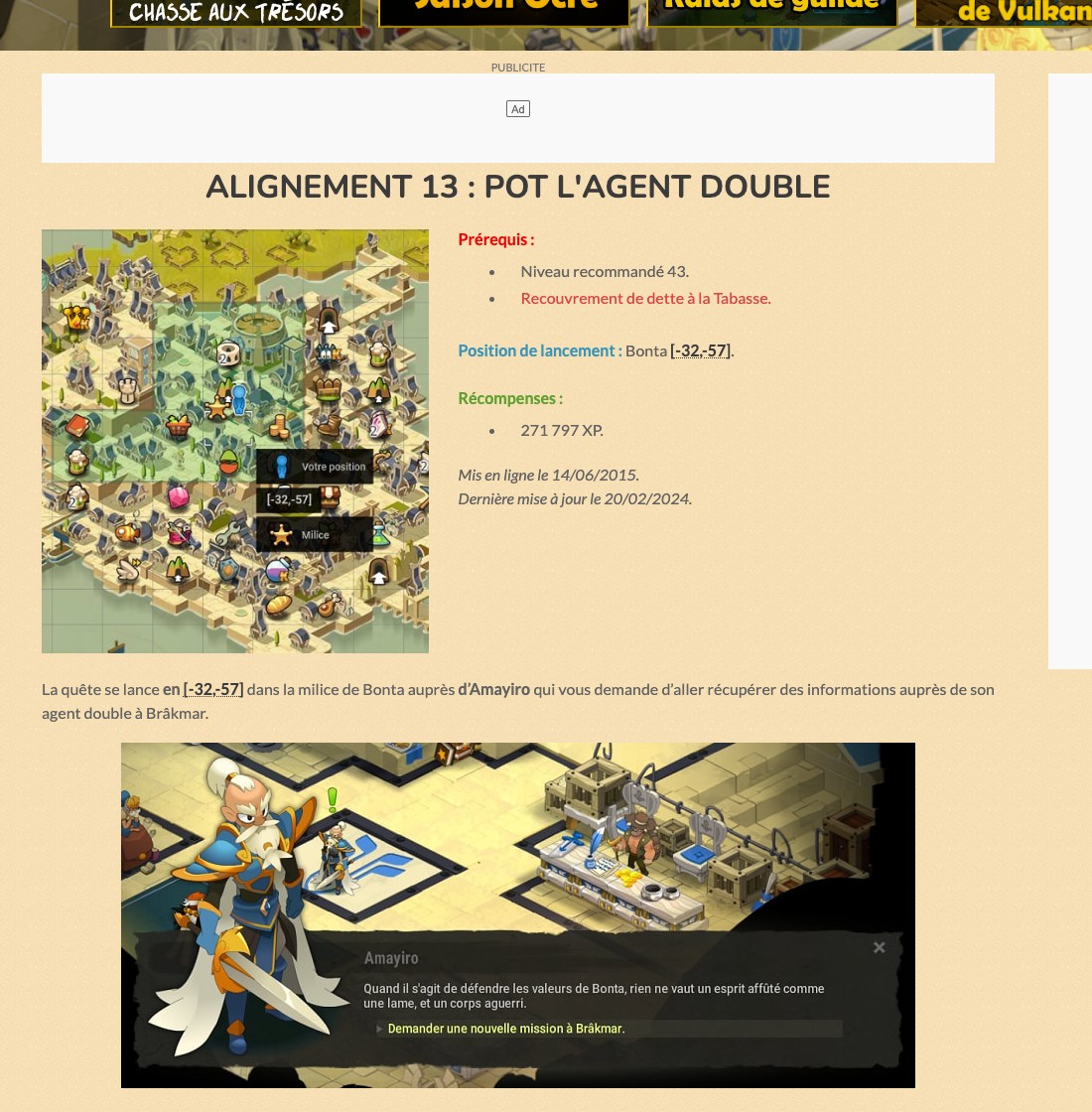 Capture du guide de Dofus pour les Noobs pour la quête Pot l’agent double : 271 797 XP et un niveau recommandé de 43