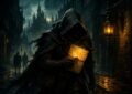 Key-art peint : un espion encapuchonné traverse une ruelle de Brâkmar avec une lettre scellée, quête Dofus Pot l'agent double