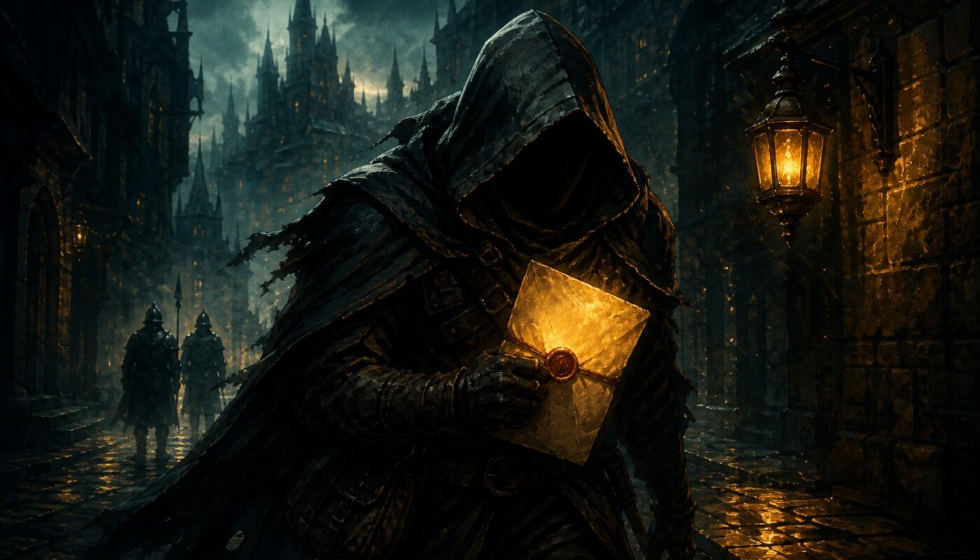 Key-art peint : un espion encapuchonné traverse une ruelle de Brâkmar avec une lettre scellée, quête Dofus Pot l'agent double