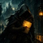 Key-art peint : un espion encapuchonné traverse une ruelle de Brâkmar avec une lettre scellée, quête Dofus Pot l'agent double