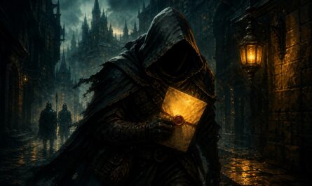 Key-art peint : un espion encapuchonné traverse une ruelle de Brâkmar avec une lettre scellée, quête Dofus Pot l'agent double