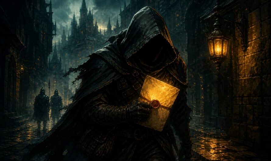 Key-art peint : un espion encapuchonné traverse une ruelle de Brâkmar avec une lettre scellée, quête Dofus Pot l'agent double