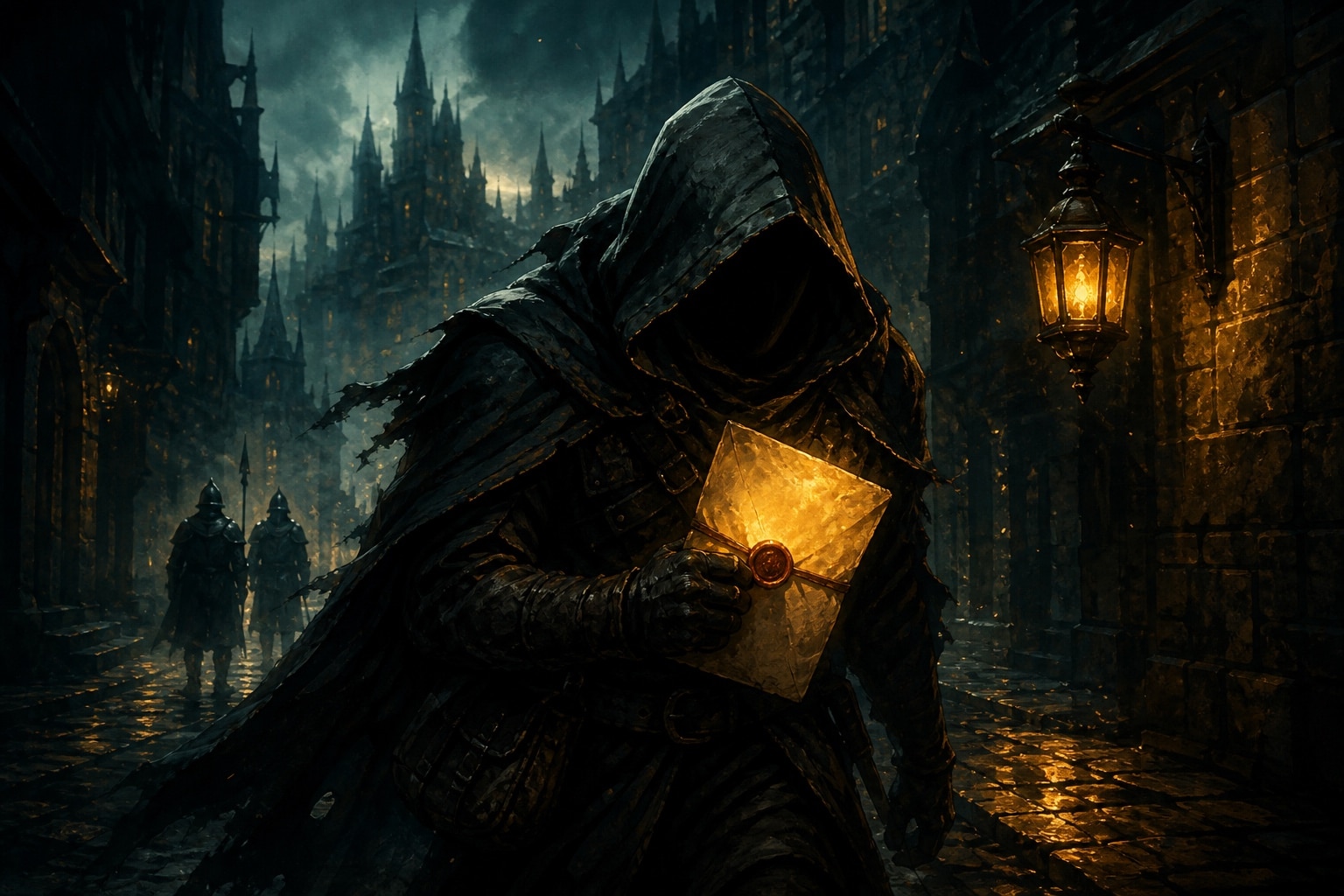 Key-art peint : un espion encapuchonné traverse une ruelle de Brâkmar avec une lettre scellée, quête Dofus Pot l'agent double