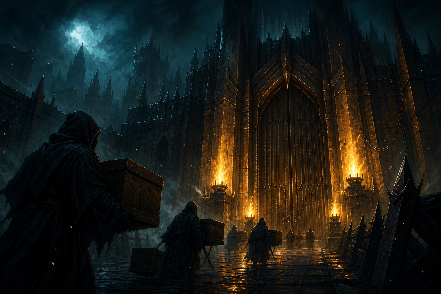 Cour intérieure d’une tour fortifiée de Brâkmar : des silhouettes encapuchonnées portent des caisses vers un portail de fer, éclairé par des torches dorées