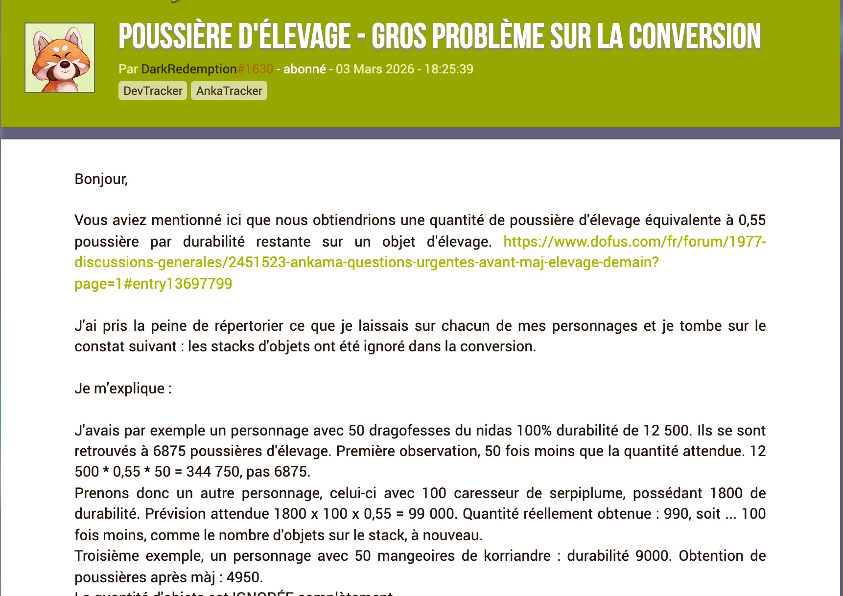 Capture du forum officiel Dofus : un joueur demontre que les stacks d objets ont ete ignores lors de la conversion en poussiere