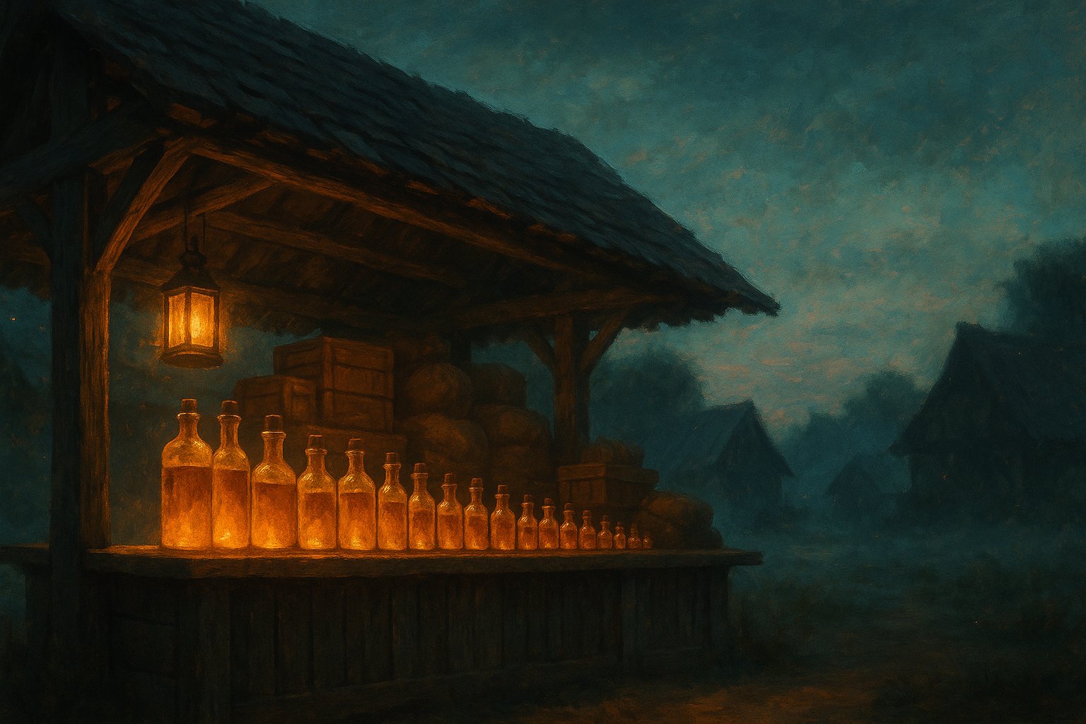 Etal de bois au crepuscule couvert de fioles de verre ambrees alignees par taille, illustration peinte