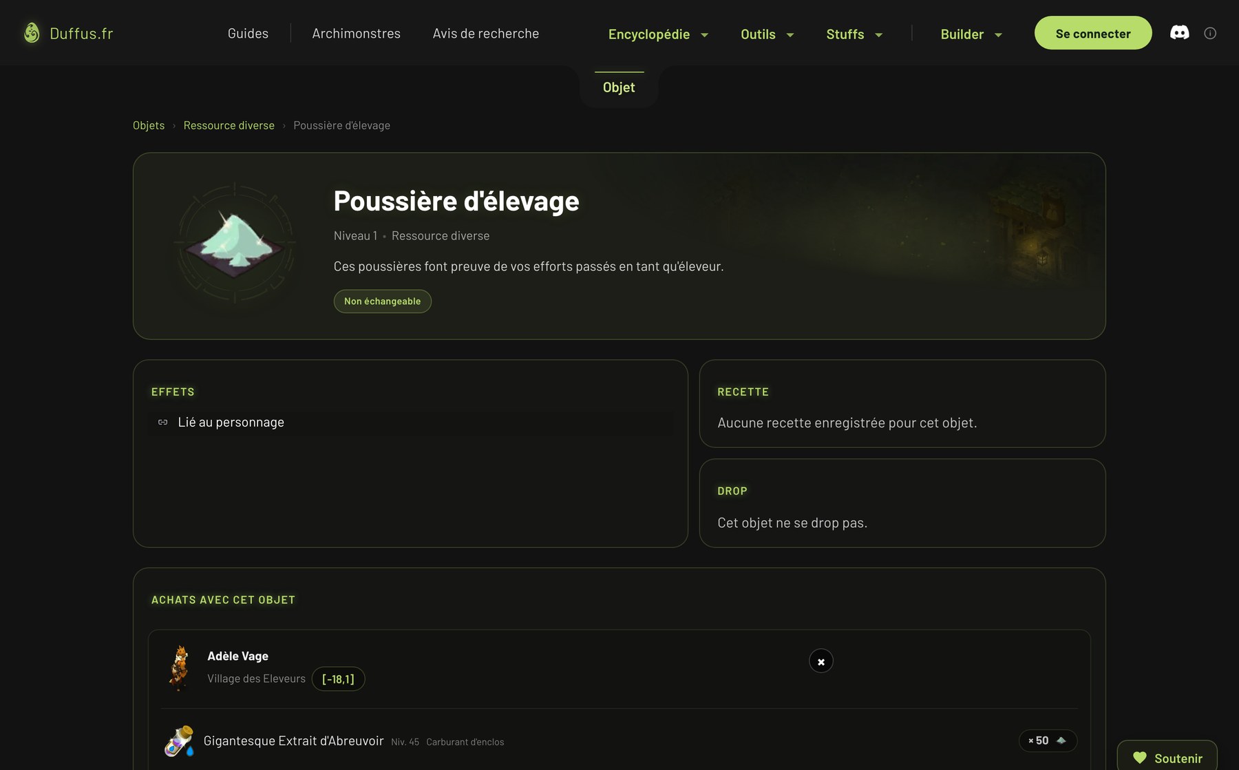 Capture de la fiche Poussiere d elevage sur duffus.fr : non echangeable, liee au personnage, achats chez Adele Vage en -18,1