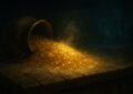 Tas de poussiere doree lumineuse renversee d une bourse de cuir sur un comptoir de bois, illustration peinte