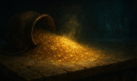Tas de poussiere doree lumineuse renversee d une bourse de cuir sur un comptoir de bois, illustration peinte