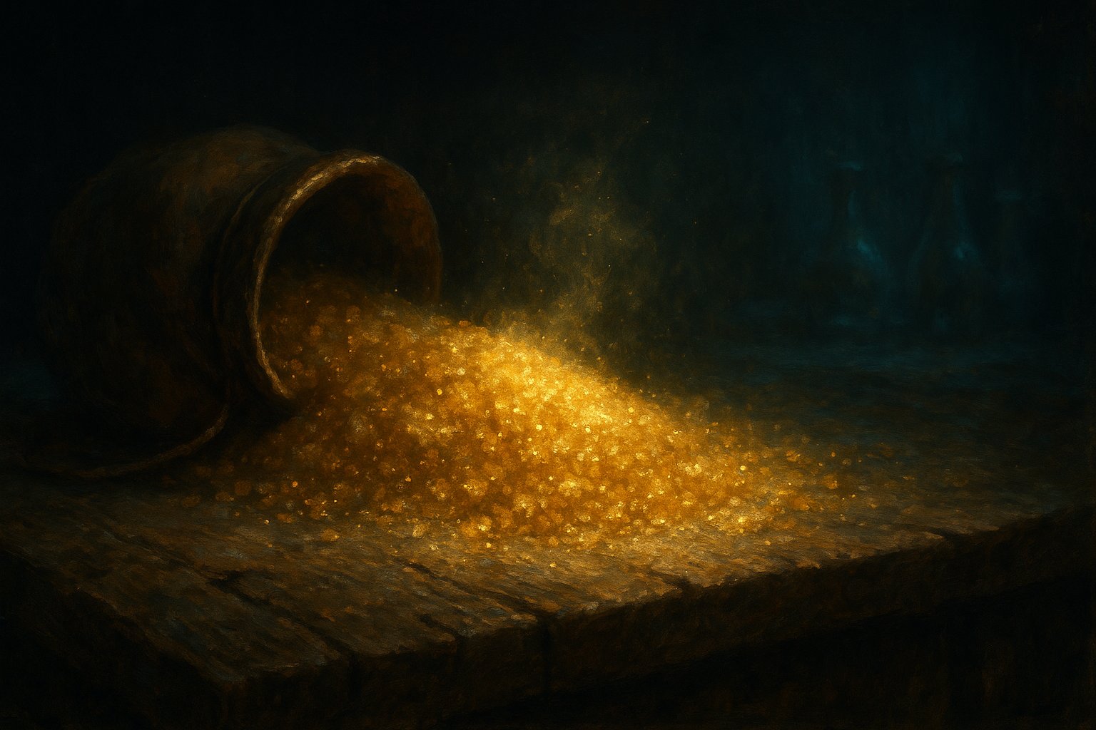 Tas de poussiere doree lumineuse renversee d une bourse de cuir sur un comptoir de bois, illustration peinte