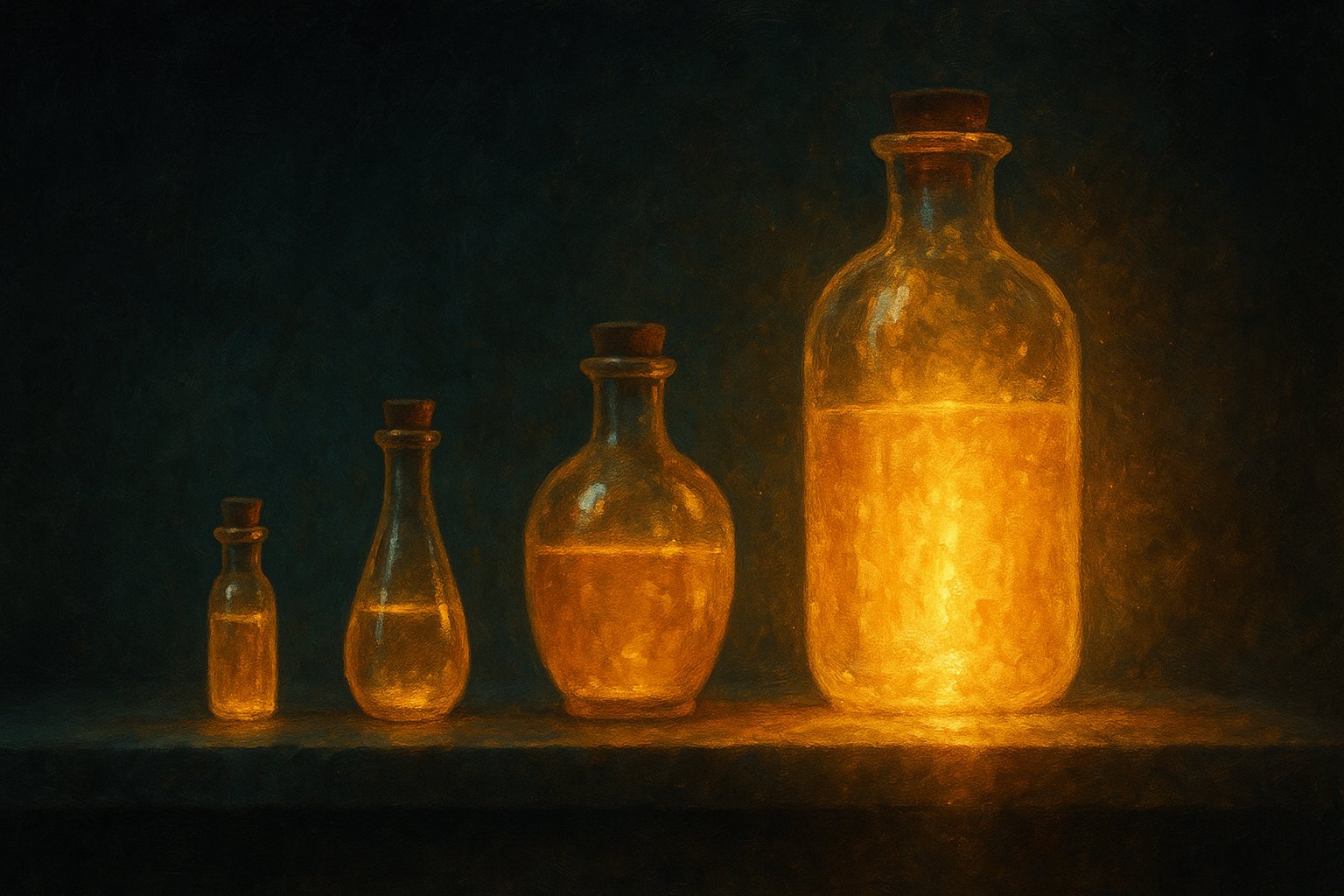 Quatre recipients de verre de taille croissante remplis de liquide dore sur une etagere de pierre sombre