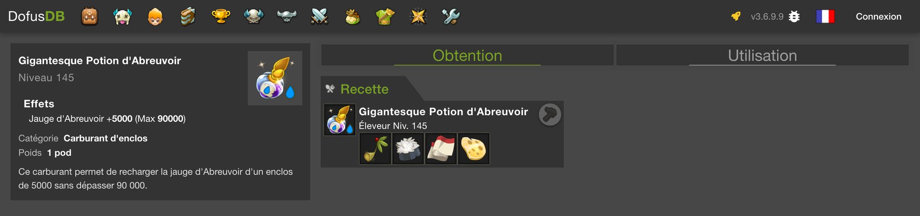 Capture DofusDB de la Gigantesque Potion d Abreuvoir : bloc Obtention limite a la recette Eleveur niveau 145, aucun achat PNJ