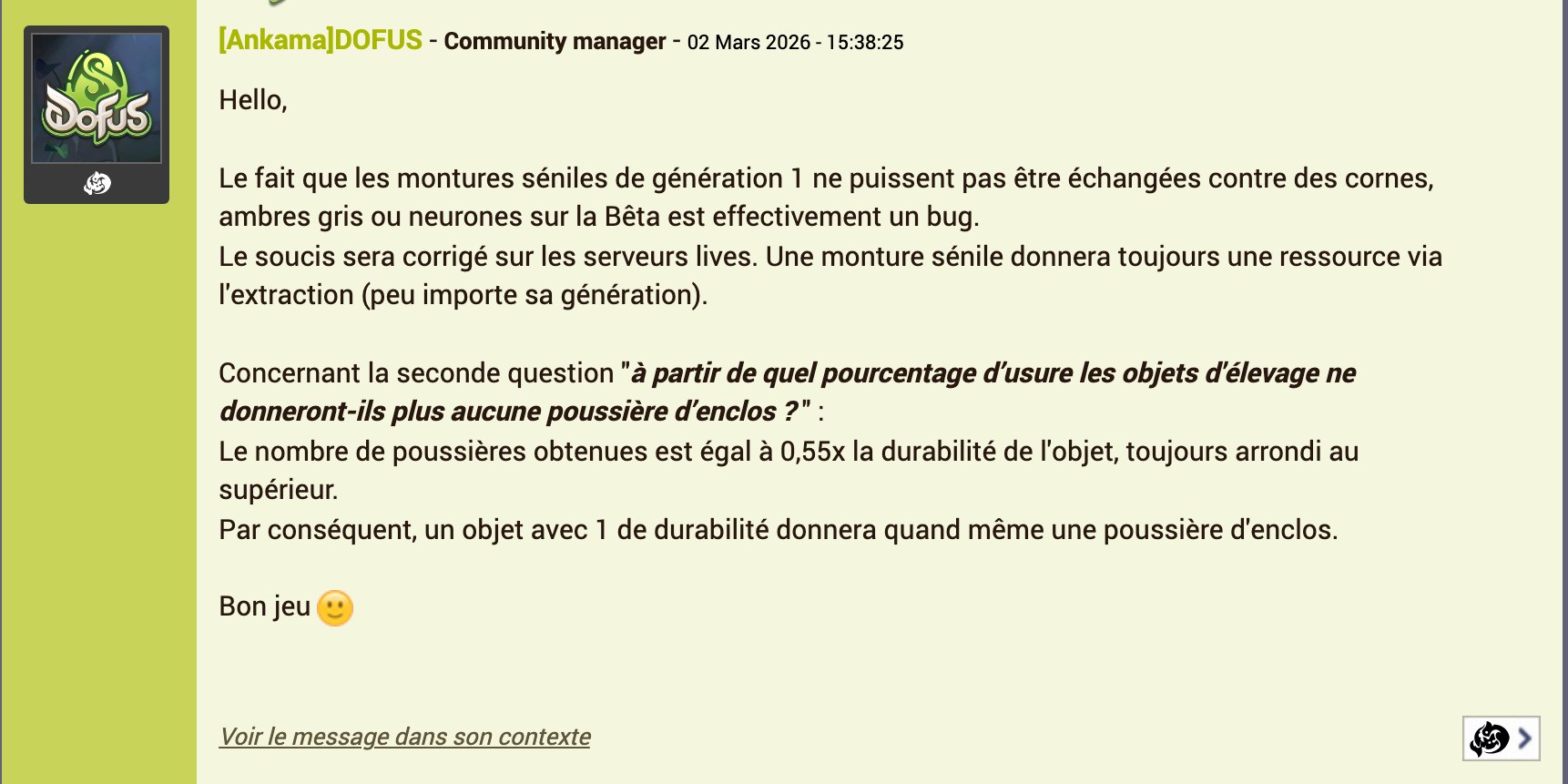 Capture du forum officiel Dofus : le community manager Ankama annonce 0,55 poussiere par point de durabilite, arrondi au superieur