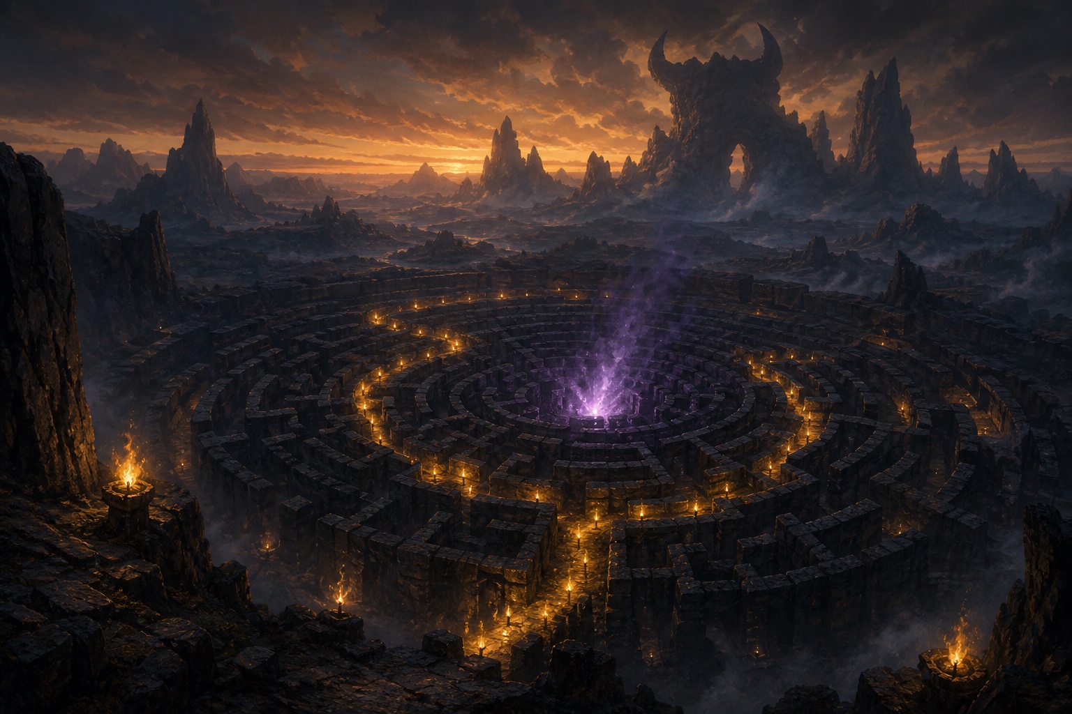 Illustration du labyrinthe du Minotoror vu du ciel, sentier de torches et brume pourpre au centre