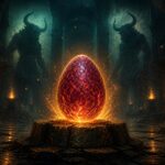 Oeuf pourpre incandescent sur un socle de pierre au coeur d'un labyrinthe, illustrations de la quete du Dofus Pourpre