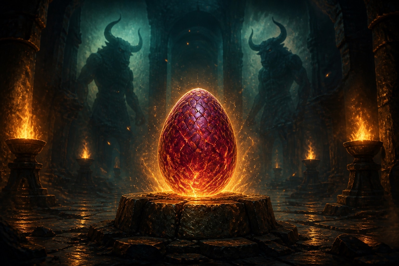 Oeuf pourpre incandescent sur un socle de pierre au coeur d'un labyrinthe, illustrations de la quete du Dofus Pourpre