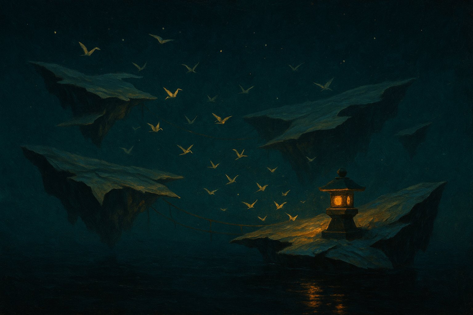 Illustration : îles de papier flottantes et cygrues en origami dérivant parmi les étoiles autour d'une lanterne dorée