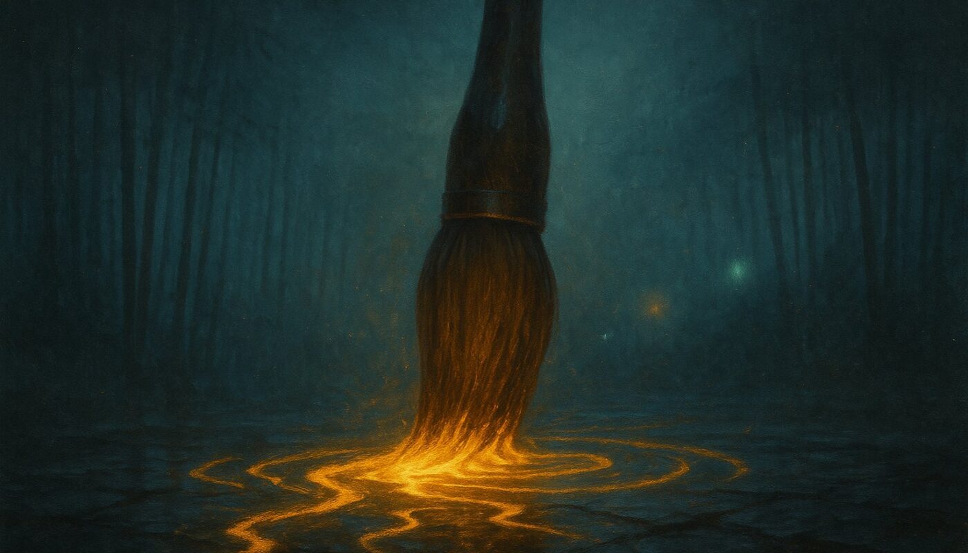 Illustration : un pinceau de calligraphie géant traçant une encre dorée lumineuse au sol d'une bambouseraie nocturne