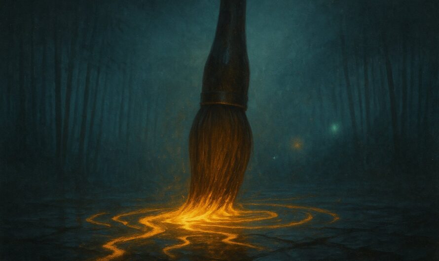 Illustration : un pinceau de calligraphie géant traçant une encre dorée lumineuse au sol d'une bambouseraie nocturne