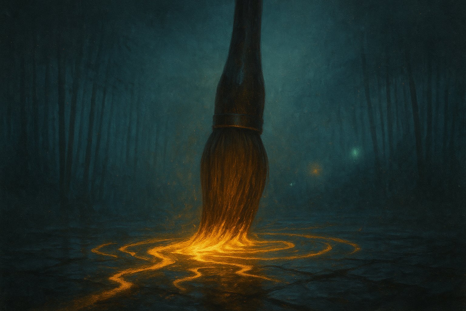 Illustration : un pinceau de calligraphie géant traçant une encre dorée lumineuse au sol d'une bambouseraie nocturne